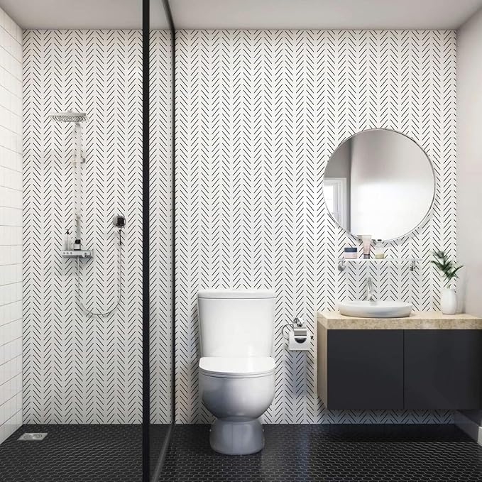 Erfoni Black and White Peel and Stick Wallpaper Herringbone Contact Paper | 17.7in x 590.5in Black Geometric Removable Wallpaper Modern DIY Self Adhesive Wallpaper for Livingroom Bathroom Decor - Image 4