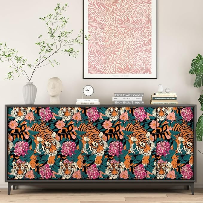 BOKEBEVE Tiger Floral Wallpaper Peel and Stick Vintage Orange 17.5 x 787In | Super Long Removable Renter Friendly Jungle Tiger Wall Paper for Bedroom Bathroom Living Room Feature Accent Wall - Image 5