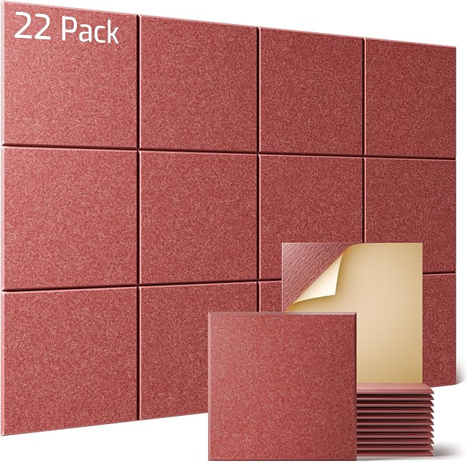 Sonicism 22 Pack Acoustic Wall Panels with Self-Adhesive, 12" X 12" X 0.4" Sound Proof Foam Panels, Decorative Soundproof Wall Panels, Sound Proof Absorbing Tiles for Home & Offices, Red by Sonicism