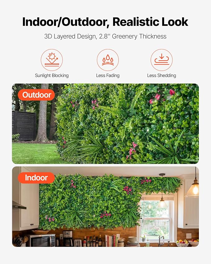 VEVOR Artificial Plant Wall, 12PCS 20 x 20 in Artificial Boxwood Panels, Greenery Backdrop Privacy Hedge Fence with Sun Protection, Fake Grass Wall Screen for Wedding, Indoor, Garden，Mixed Leaf - Image 5