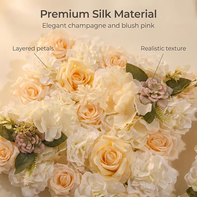 Flower Wall Backdrop, 12 Panels, 16.5x16.5 Inch, Champagne Rose | 3D design, realistic look, Seamless Design,eco-friendly,easy to assemble,reusable,.Suitable for weddings,Party,home décor - Image 2
