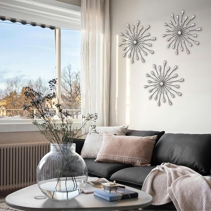 ZEXUIRU 3 Set Black Starburst Wall Art for Home Decor Metal Bling Crystal Rhinestones Sunburst Wall Decor Sparkling Rhinestone Art Accent Black - 18in - Image 5