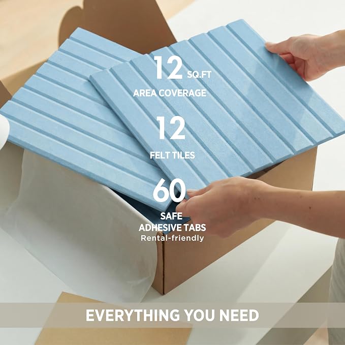 VIVELDA Felt Bulletin Board Tiles 48"x36" - 12-Pack Cork Board Alternative, OEKO-TEX Certified, NRC 0.95 Acoustic Wall Panels, Damage-Free Adhesive, Slatted Design, Home Office & Classroom (Baby Blue) - Image 6