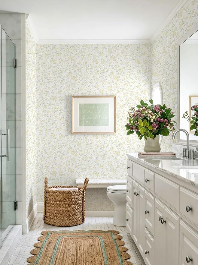 Peel and Stick Wallpaper for Nursery Yellow Cherry Blossom Waterproof | 393"×17.3" Yellow Floral Watercolor Wallpaper Gentle Accent Wall Decor with Grid Lines for Bedroom Vinyl Self-adhesive - Image 3