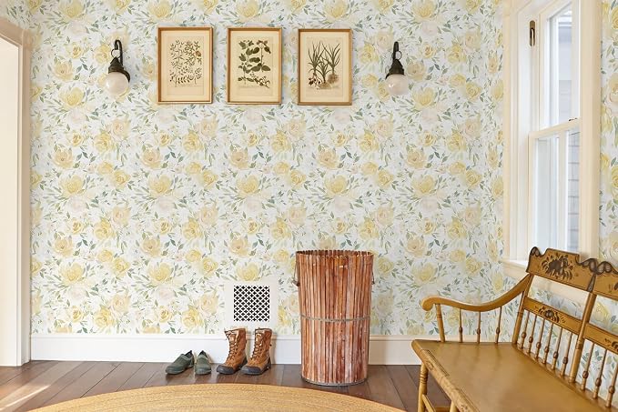 Ismoon Yellow Floral Peel Stick Wallpaper Boho Stick on Wallpaper | Watercolor Contact Paper for Cabinet Removable Self Adhesive Vinyl Wallpaper for Girl Bedroom Accent Wall Decor 17.3x78.7in - Image 9