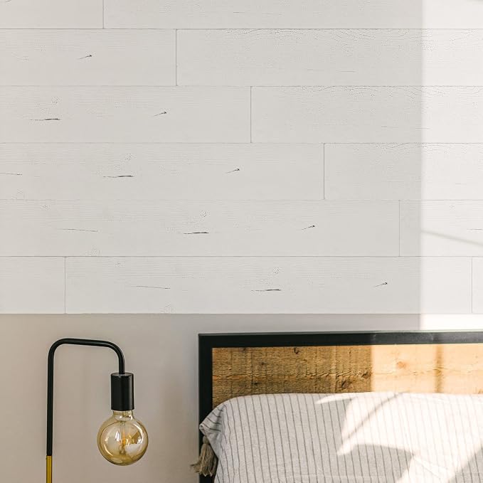 Brosisincorp Real Wood Shiplap Peel and Stick Wall Panel Crack White 10 Pcs | Natural Pine Wood Plank for Interior Rustic Accent Wall, Easy DIY Self Adhesive, 35.43" L x 5" W Each, Covers 12.4 Sq Ft - Image 2
