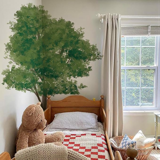 7.4 Ft x 5.9 Ft Maple Tree Wall Decals, Extra Large for Kids Room | Self-Adhesive Forest Wall Mural in a Muted Green Scandinavian Style, Ideal for Woodland Nursery and Classroom Decor by astrkiz