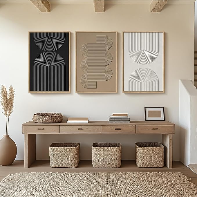 Large Framed Neutral Abstract Wall Art for Living Room, Modern 3D Artwork | Solid wood frame, Textured paintings, Neutral black white brown geometric, 3 piece 24x36 in big size, Bedroom or office decor - Image 5