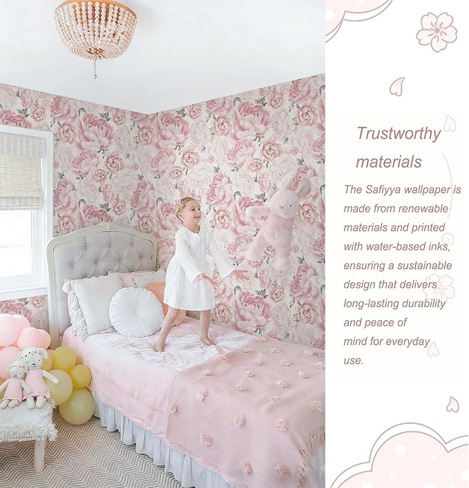 Safiyya Pink Floral Wallpaper Peel and Stick Removable Self Adhesive Wall Paper for Bedroom Bathroom Flowers Contact Paper for Cabinets Walls Vinyl Rolls 78.7''x 17.3" - Image 4