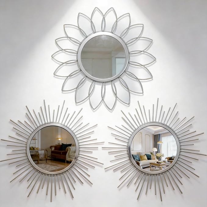 Boho Sunburst Wall Mirror Set of 3, 12 Inch Round Antique & Modern Metal Wall Art, Hanging Over The Door Mirrors for Wall Decor in Living Room, Bedroom, Bathroom, Entryway（Sliver） by HMANGE