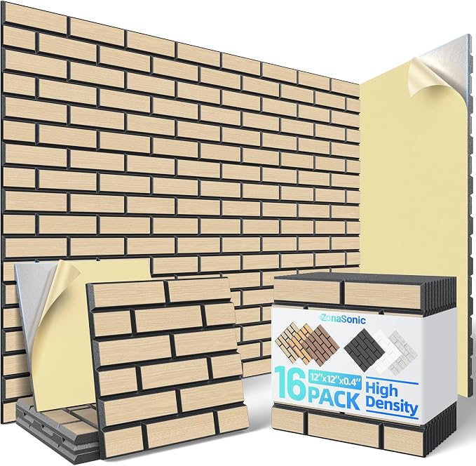 Self-Adhesive Acoustic Panels High Density Sound Proof Foam Panels for Wall | 16 Pack Brick Soundproof Wall Panels, 12" x 12" x 0.4" Sound Dampening Absorbing Panels for Home Studio Decor Office - Teak by Unknown