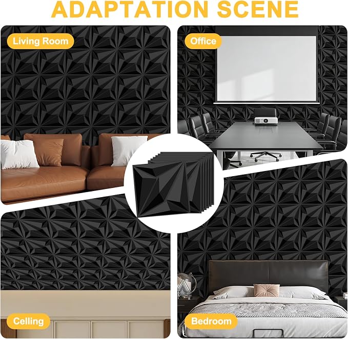 33-Pack 3D Wall Panels Black for Interior Wall Decor, Waterproof PVC Diamond Texture Accent Wall Panels for Gaming Room Living Room Bedroom Office, 12"x12" Matte Black Geometric Wall Tiles - Image 3