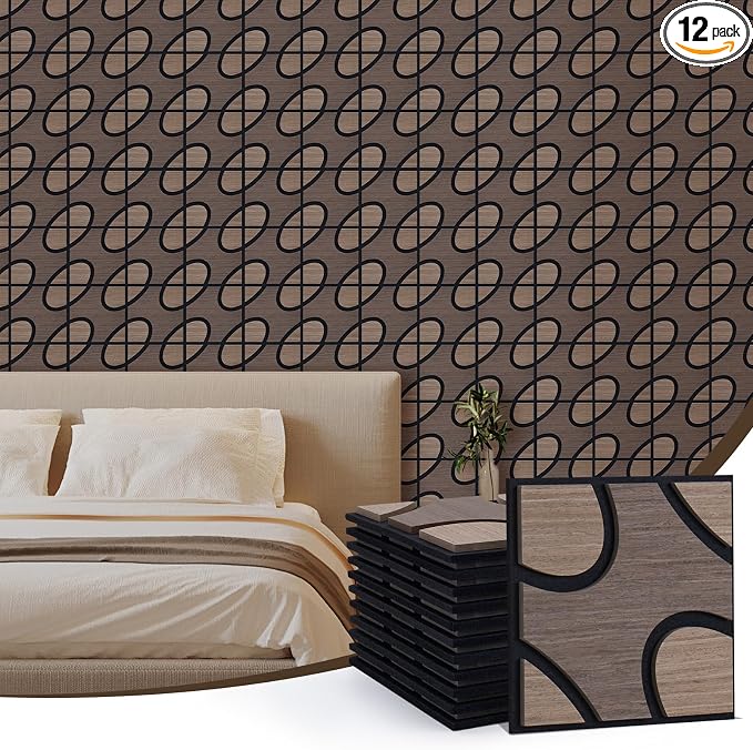 Wood Slat Panels, 12 Pcs 11.8"x11.8",Bean & Heart Black Walnut | 3D Fluted Wood Acoustic Panel Sound Absorbing Panel for Bedroom, Office, Interior Decor, (15.5ft²) Soundproof Panels by TREKATLAUTO
