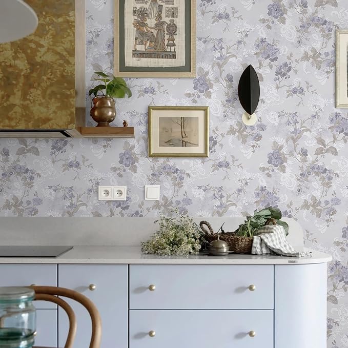 Ismoon Vintage Wallpaper Floral Peel and Stick Wallpaper 17.3in x6.56ft Gray Country Retro Flower Wall Paper Texture Removable Stick on Wall Paper for Bathroom Cabinets Countertops Self-Adhesive Vinyl - Image 3