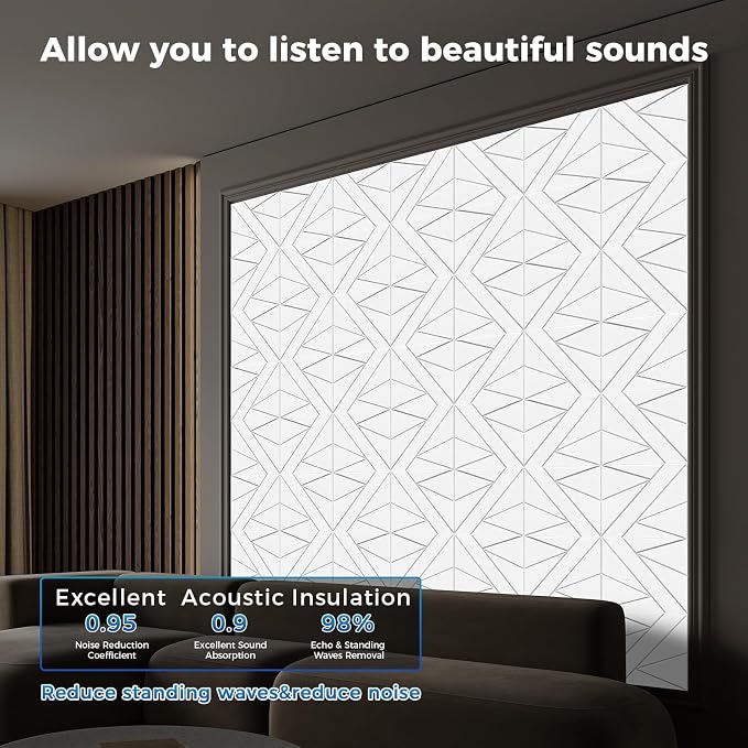 50 Pack Bulk Self-Adhesive Soundproof Wall Panels, 12 x 12 x 0.47 in Sound Proof Foam Panels for Walls, 1.2lb/ft³ High Density, Thicker 0.47in, Acoustic Panels, Duty for Large Walls White - Image 2