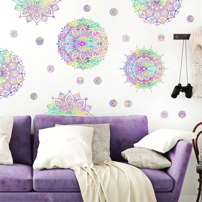Colorful Mandala Wall Decal Half Mandala Window Wall Stickers Lotus Flower Decals Peel and Stick Modern Art Stickers Removable Minimalist Headboard Decals for Bedroom Living Room Decor by Kazova