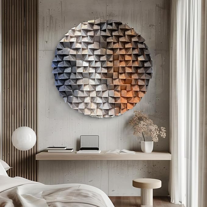 LIUZEYUE Large Round Wood Wall Art Featuring Sculptural Disc Texture | round 3D wall art; cool gray and rust, staggered mosaic surface; hotel lounge circular centerpiece; 47.2 in diameter - Image 9