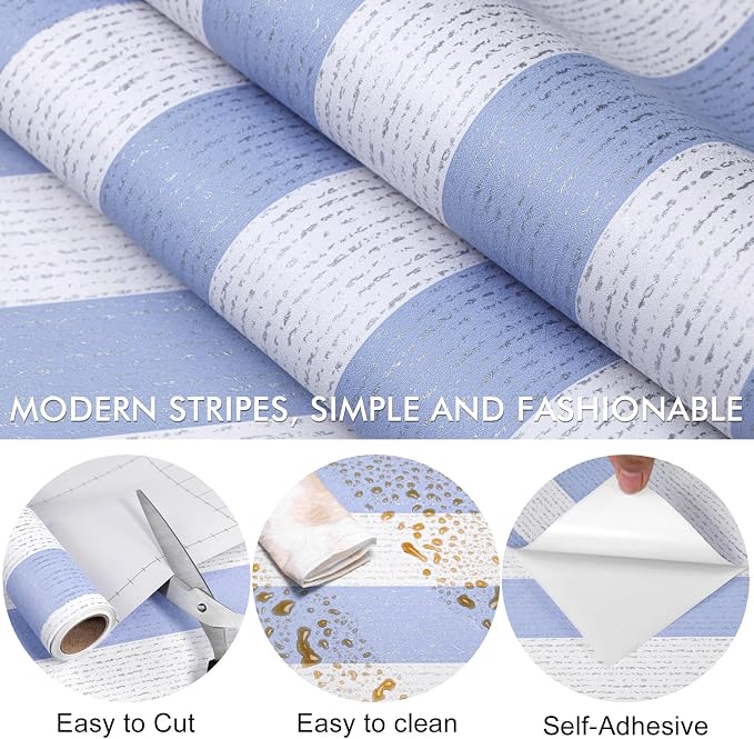 Blue Stripe Peel and Stick Wallpaper A Set of 15.7" x 1181" Blue and White Self-Adhesive Wallpaper Removable Waterproof Contact Paper for Cabinets,Bedroom,Nursery,Accent Wall - Image 5