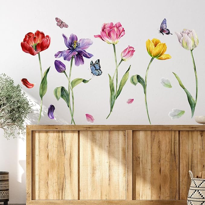 Zonon 6 Pcs Flower Wall Decals Peel and Stick Sticker, Tulip | Vinyl Removable Wall Stickers & Murals, Watercolor Tulip Wall Decals, Colorful Floral Decor for Bedroom, Living Room, Nursery - Image 5