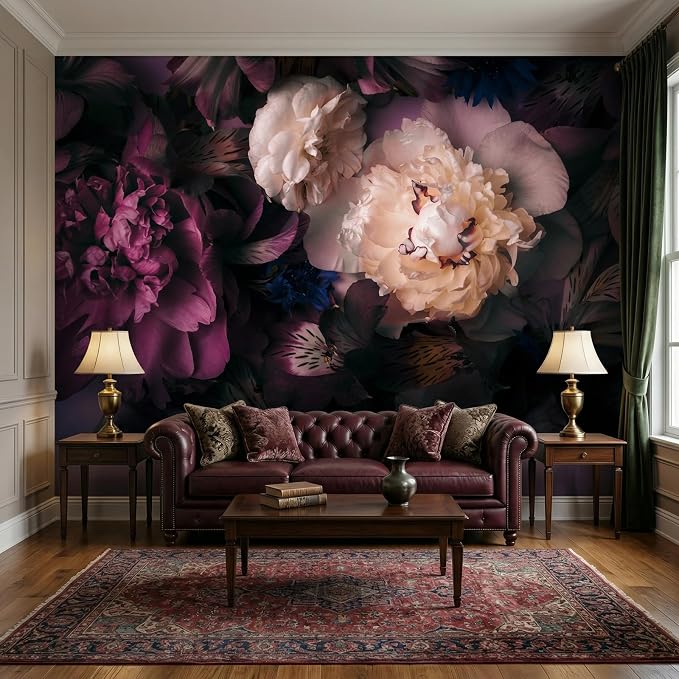 MFWFM Dark Floral Peel and Stick Wallpaper Peony Flowers Wall Murals | 137"x96", for Bedroom Living Room Bathroom, Self Adhesive Canvas - Image 3