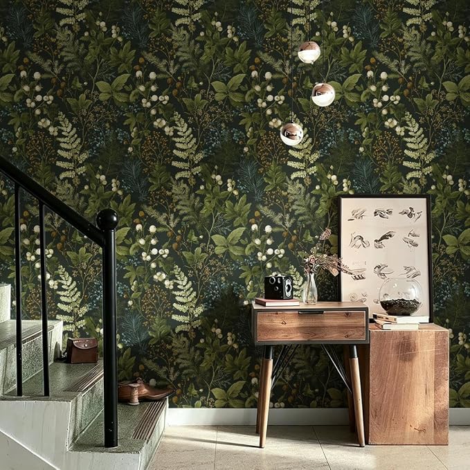 Nukofal Dark Floral Peel and Stick Wallpaper for Bathroom 16.9inx118.1in | Floral Contact Paper Dark Green Wallpaper Peel and Stick Leaf Waterproof Self Adhesive Removable for Kitchen Wall Decorative - Image 8