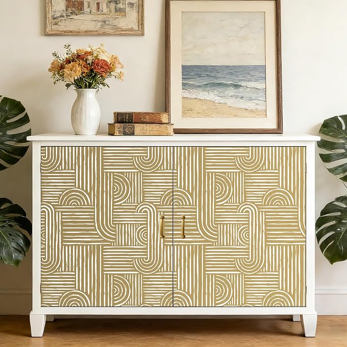 Livelynine Geometric Abstract Peel and Stick Wallpaper White and Gold Mid Century Modern Neutral Mustard Yellow Golden Beige Designs Wallpaper Boho Contact Paper Rolls Minimalist Removable 17.5x78.8 - Image 2