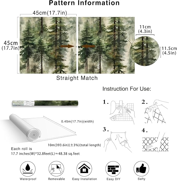 HAOKHOME Forest Wallpaper Peel and Stick Tree Green Woodland 17.3in x32.8ft | Stickly Mural Textured Removable Wall Paper Modern Landscape Mountain Botanical Waterproof for Bathroom Bedroom Contact Paper - Image 7