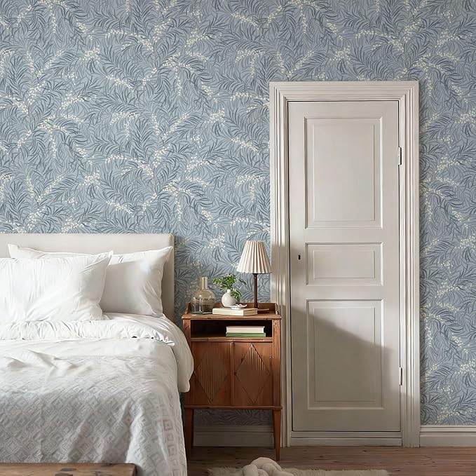 Ismoon Vintage Wallpaper Peel and Stick Dusty Blue Botanical Wallpaper 17.3in x32.8ft Leaf Removable Waterproof Blue/White Contact Paper for Bedroom Kitchen Renter Friendly Wall Decor Vinyl - Image 5