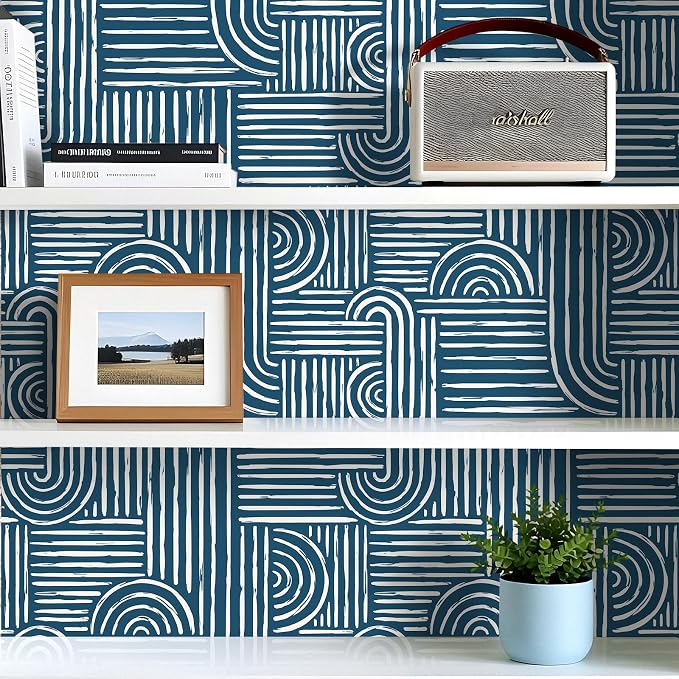 Livelynine Blue Peel and Stick Wallpaper Geometric Modern Abstract Dark Blue and White Vinyl Removable Navy Accent Wallpaper Mid Century Geometric Contact Paper for Drawers Cabinet Bathroom 17.5x78.8 - Image 2