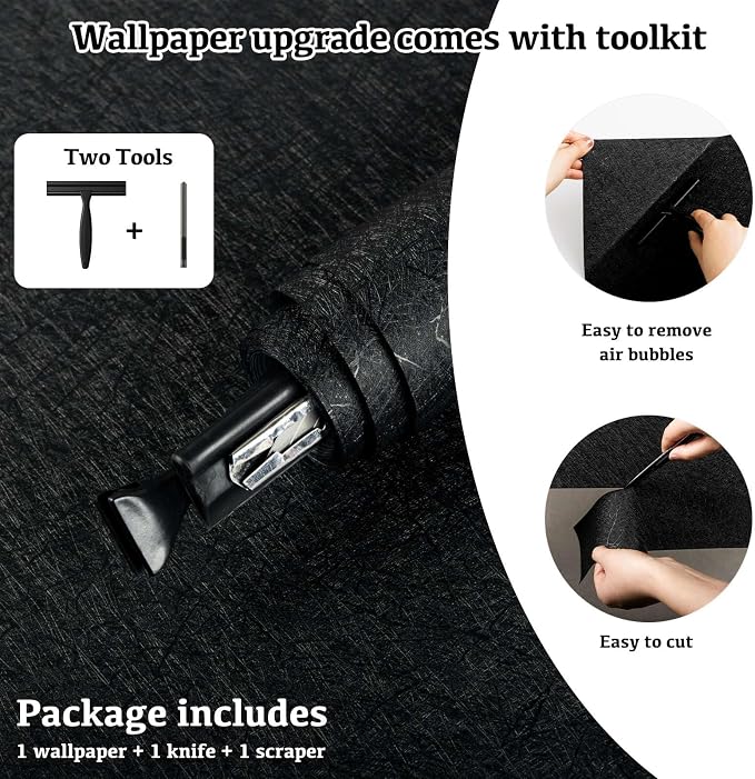 Black Silk Wallpaper Peel and Stick Embossed Self Adhesive Contact Paper | 15.7" x 393.7" Removable Waterproof Kitchen Vinyl Wrap Cabinet Textured Renter Friendly Wall Cover with Scraper, Paper Cutter - Image 2