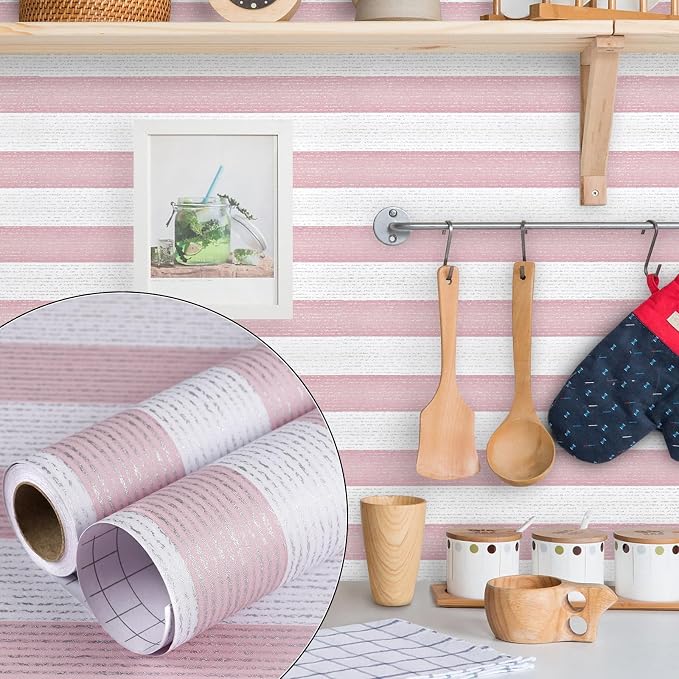 Striped Pink and White Wallpaper Peel and Stick Boho Silver Stripe Textured Contact Paper 15.7"x118" Self Adhesive Removable Waterproof Wallpaper for Bedroom,Cabinets,Drawer Liners - Image 3