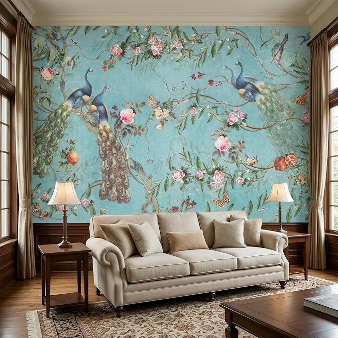 MFWFM Chinoiserie Peel and Stick Wallpaper Blue Peacock Wall Murals | 137"x96", for Bedroom Living Room Bathroom, Self Adhesive Canvas - Image 2
