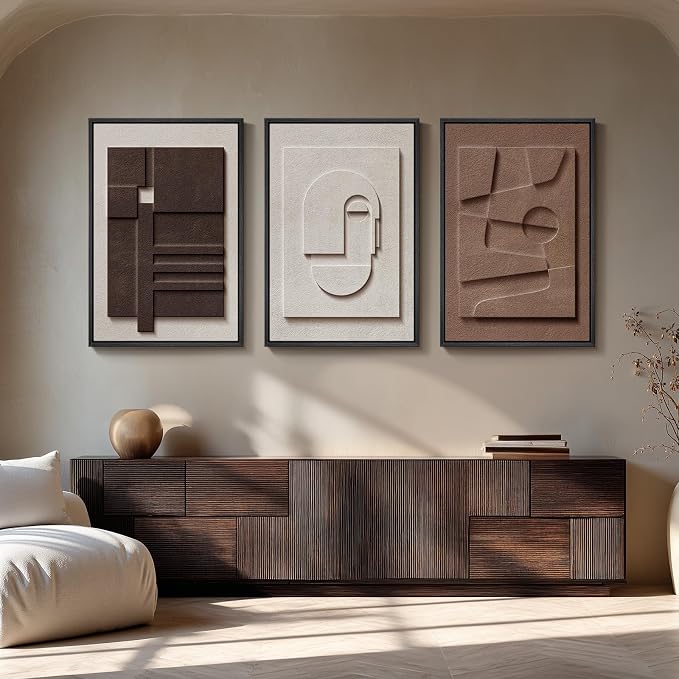 Large Framed 3D Wall Art for Living Room, Brown Abstract Art Wall Decor | Solid wood frame, Textured paintings, 3 piece 24x36 in, Modern artwork for walls, Neutral pictures wall decor bedroom office - Image 4