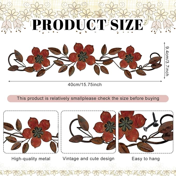 Wesiti Metal Flower Wall Decor Wrought Iron Scroll 15.7x3.7,Red | Vintage Metal Flower decor,Farmhouse Leaf Art with Nails, Flat Not 3D Design, For Bedroom Kitchen Indoor Outdoor Wall Decor - Image 2