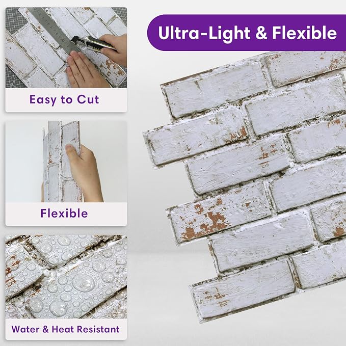 3D Faux Brick Wall Panels Peel and Stick, Designed for Quick DIY | Whitewash, 10 Pcs 11.8" x 11.8", Small Brick-Look, Ultra-Light PVC Fake Brick Covering for Wall Renovation, Cover 9.7 sq ft - Image 5