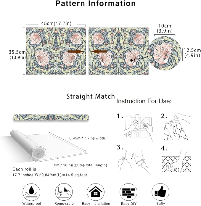 HAOKHOME William Morris Style Peel and Stick Wallpaper Floral Terracotta | Vintage Textured Renter Friendly Removable Wall Paper Grey Yellow Bathroom Bedroom Self Adhesive Contact Paper 17.3in x 9.8ft - Image 7