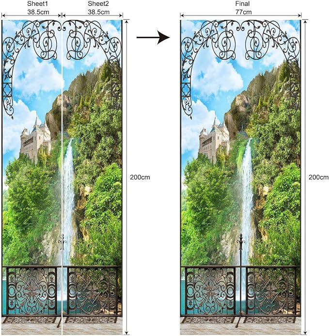 artfanke 3D Door Sticker Peel and Stick 30.3"x78.7" - Castle with Waterfall Self-Adhesive Door Murals Wallpaper Decal for Home Decor (2 Sheets/Set) - Image 7