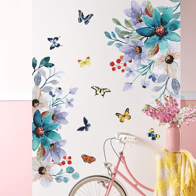 LiveGalleryWatercolor Blue Purple Flowers Wall Stickers Color Painting Rose Wall Decals DIY Vinyl Peel and Stick Butterflies Flora Mural for Girls Bedroom Living Room TV Sofa Backdrop Home Decoration - Image 7