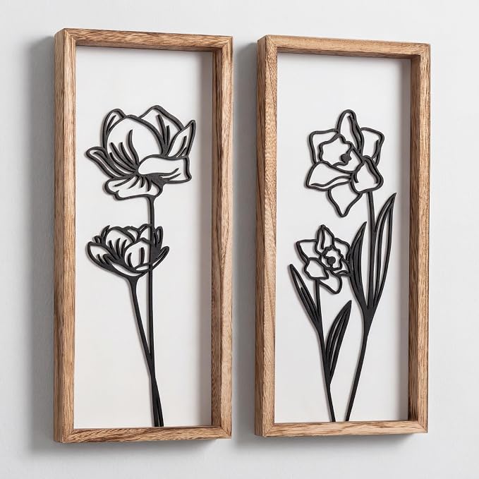 3D Black and White Wall Art (Set of 2) Lightweight, Wooden Ready-to-Hang Framed Floral Wall Art for Bathroom, Bedroom, Living Room or Office – Boho Botanical Farmhouse Decor – Gift-Boxed by TideandTales
