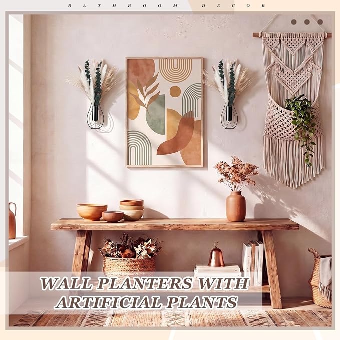 Otoolling Boho Wall Decor Set of 2 – Metal Hanging Wall Art with Faux Pampas or Eucalyptus,Minimalist Bohemian Accent for Living Room, Bedroom, Entryway(Black,Pampas,Eucalyptus) - Image 4