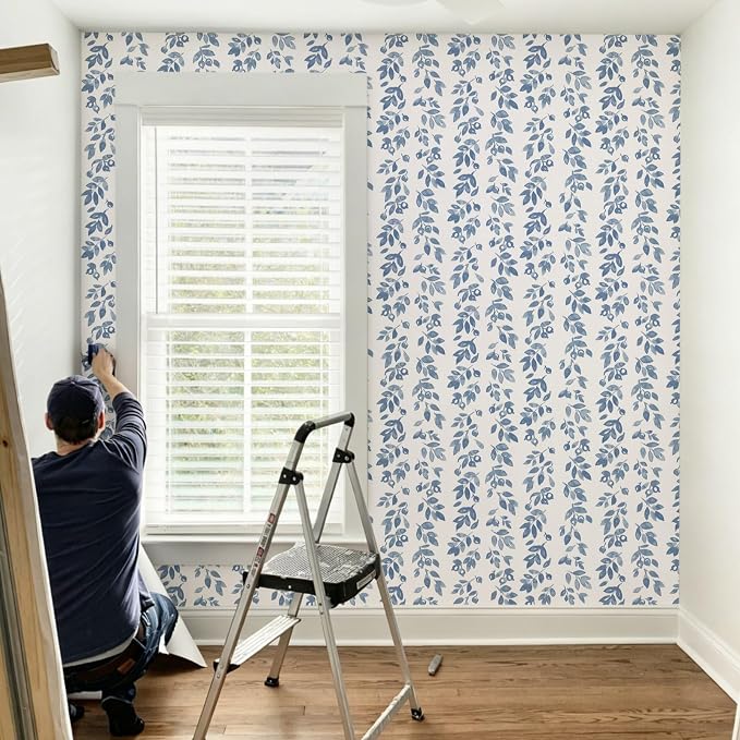 Ismoon Blue Wallpaper Peel and Stick Vintage Wallpaper 17.3in x 16.4ft Blue Leaf Contact Paper Vintage Cottage Wall Paper for Bedroom Bathroom Kitchen Nursery Removable Vinyl - Image 5