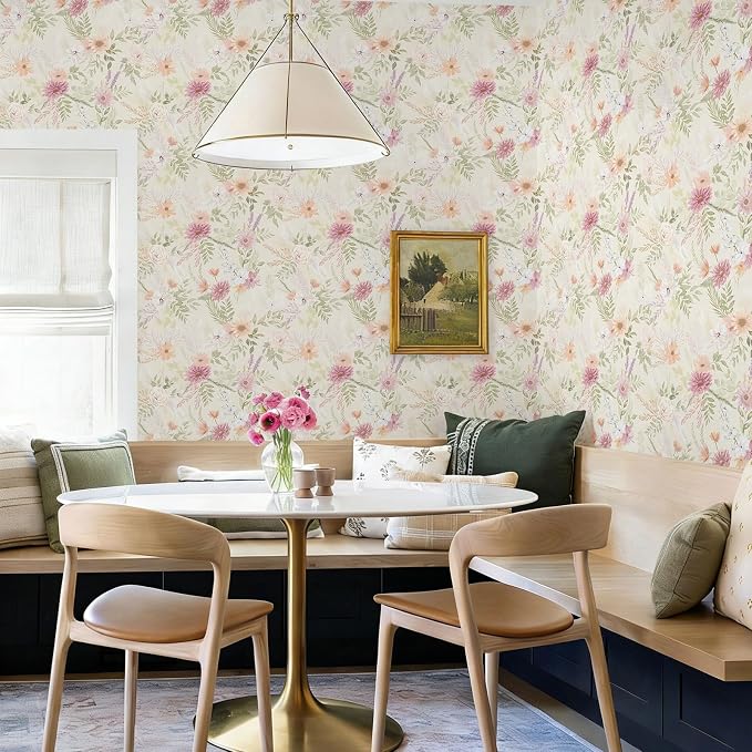 Dimoon Floral Peel and Stick Wallpaper Beige Boho Neutral Cottage Contact Paper Bathroom Cabinets Farmhouse Renter Friendly Removable Waterproof Kitchen Vinyl 386"x17.3" - Image 3