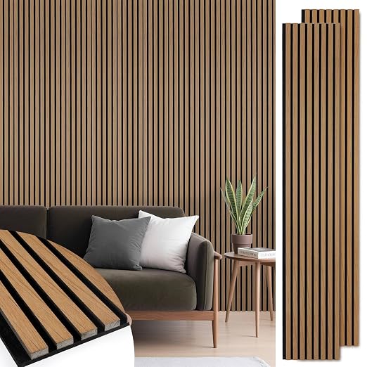 Acoustic Wood Slat Panels 2 Pack 106" x 12.6", Soundproof Wooden Wall Panels, 3D Fluted Panel for Interior Wall Decor, Living Room, Bedroom - Teak (Cover Approx. 19 sq.ft) by LARWORKS