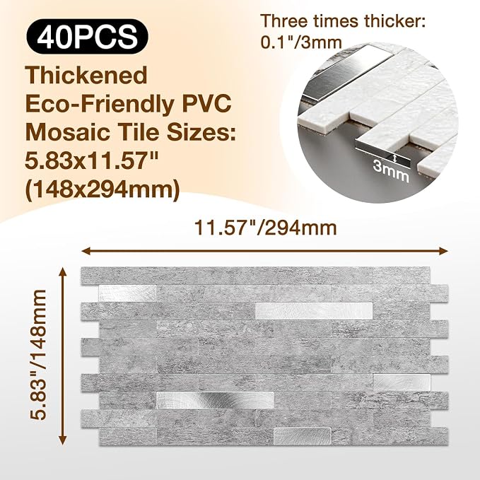 Peel and Stick Backsplash Tile Waterproof Removable PVC Wall Sticker 3D Faux Stone Marble Brick White Accent Panels (Matte Gray Stone - Metal Silver, 40 Tiles - 18 sq. ft. (1.68 m²)) - Image 3