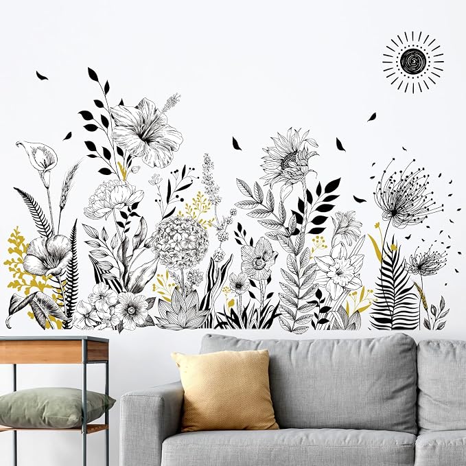 wondever Black White Garden Flower Wall Decals Sunflower Wall Stickers | Peel and Stick, Removable, Wall Art Decals, Wall Decoration, Living Room Bedroom, Office Sofa TV Home Wall Decor by wondever