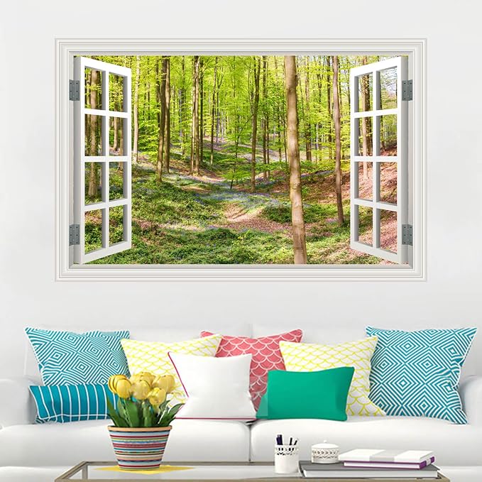 Fake Window Wall Decal- Spring Green Forest Tree Open Wall Art Sticker | Faux Window Grassy Hills & Wildflowers Natural Landscape Mural｜Stick and Peel Wall Decals｜for Room Office Scene Decor｜24"x16" - Image 6