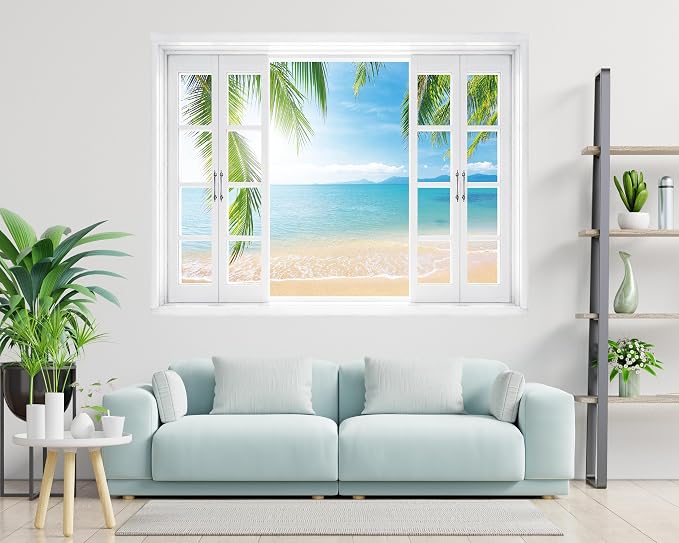 FLFK Fake Window Wall Mural - Tropical Ocean View Peel and Stick Decal, 80 x 60 inches, Set of 5 Sheets - Image 5