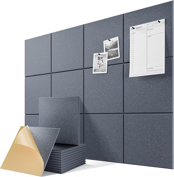 6-Pack Self-Adhesive Acoustic Panels, 12" X 12" X 0.4" High-Density Sound Proof Foam Panels for Walls, 36" x 24" Felt Bulletin Board, Soundproof Wall Panels for Home & Office (Dark Gray) by Lebenforce