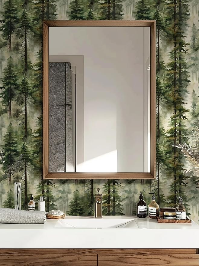 HAOKHOME Forest Peel and Stick Wallpaper Tree Green Mural Woodland Nature | Textured Removable Wall Paper Modern Waterproof Landscape Mountain Botanical Bathroom Bedroom Contact Paper 17.3in x 9.8ft - Image 5
