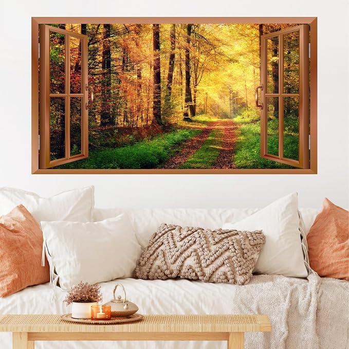 Autumn Forest Wall Stickers 3D Fake Windows Fall Wall Decals Peel and Stick | Removable Nature Trees Landscape Faux Window Stickers, Thanksgiving Day Art Murals, for Bedroom Living Room Office Decoration - Image 3